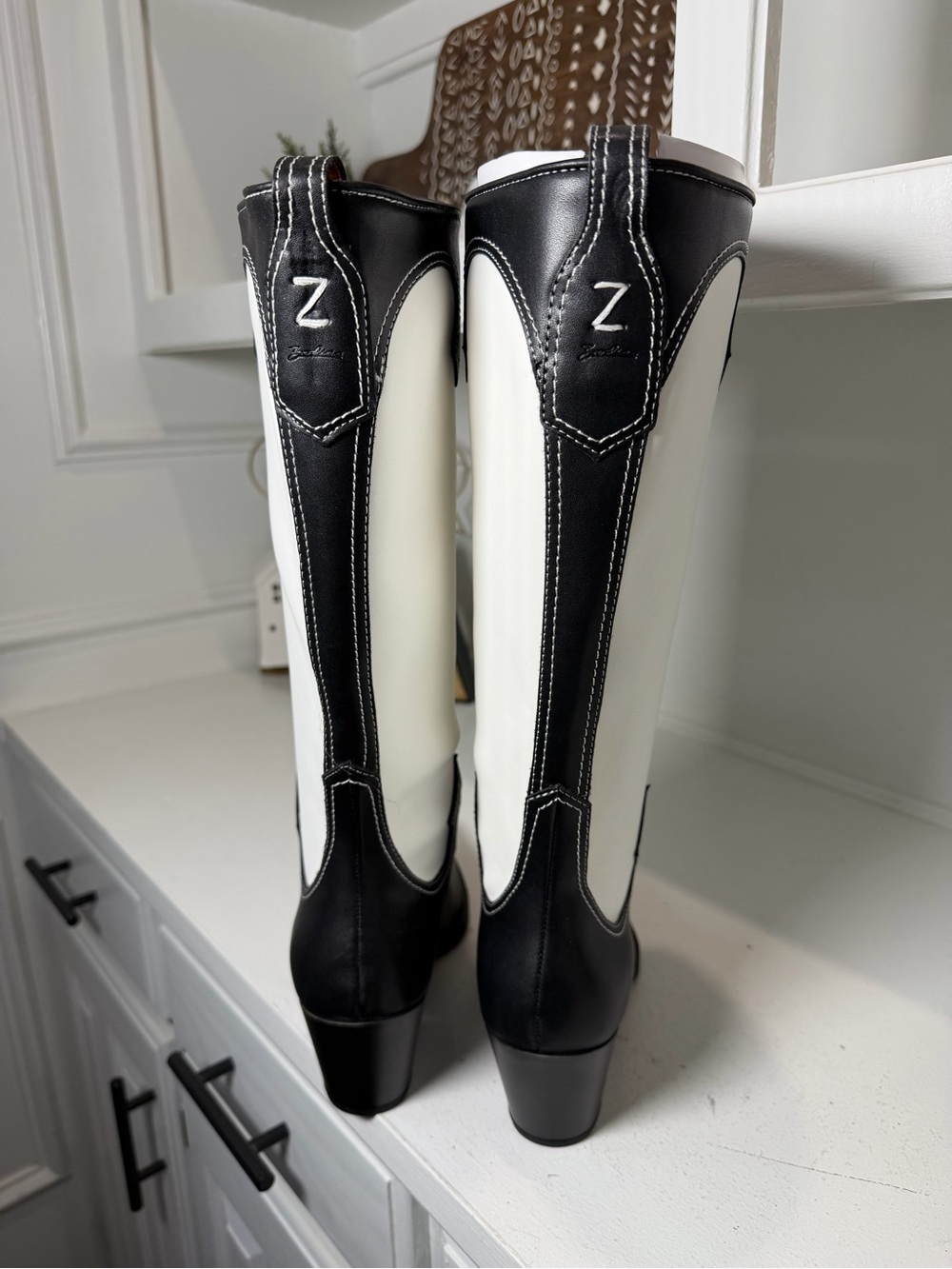 Zodiac Cowboy Boots Women's 8.5 Black White Leather Western Boots Colorblock - Picture 6 of 10